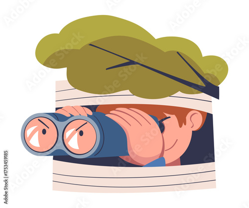 Man Character Spying, Observing and Sneaking Looking and Peeping Out Window with Binocular Vector Illustration