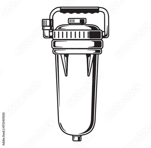 Illustrated black and white vector graphic depicting an industrial water filtration system