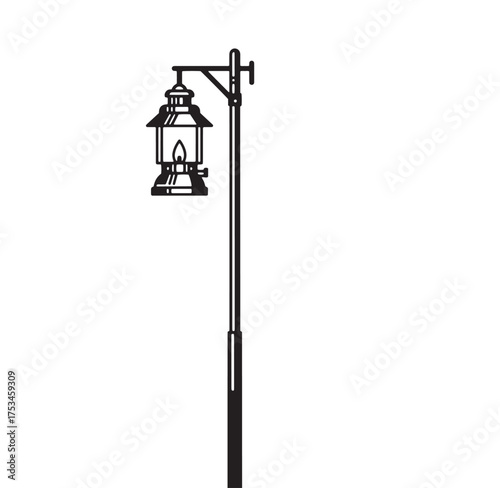 Illustrated silhouette of a classic oil lamp lantern on a street light post