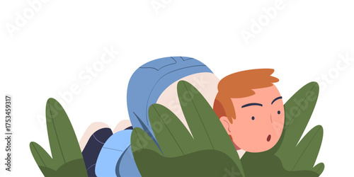 Man Character Spying, Observing and Sneaking Looking and Peeping Out Bush Vector Illustration