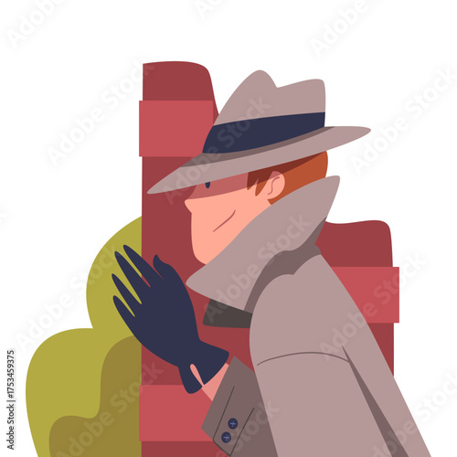 Man Character Spying, Observing and Sneaking in Hat and Coat Looking and Peeping Out Corner Vector Illustration