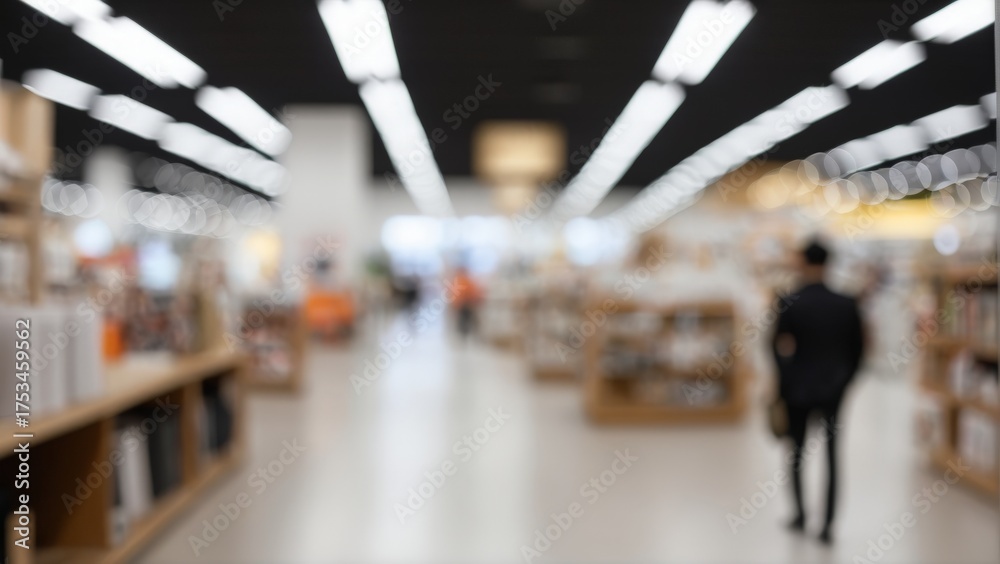 Obraz premium Blurred Interior of a Spacious Bookstore or Retail Store Featuring White Lighting and Black Ceiling