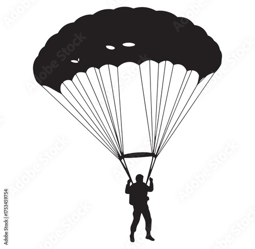 Silhouette of a skydiver descending underneath a parachute against a white background