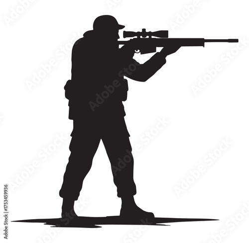 Silhouette of a soldier aiming rifle with scope against a clean white background