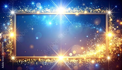 A rectangular gold frame against a dazzling blue and gold cosmic background with bright starbursts. It features sparkling particles