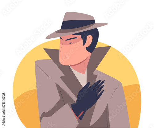 Man Character Spying, Observing and Sneaking in Hat and Coat Looking and Peeping Out Vector Illustration