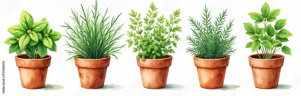 Fototapeta premium Watercolor illustration of kitchen herb collection in terracotta pots. Set of various green aromatic plants like basil, rosemary, parsley. Fresh homegrown spices for indoor gardening, healthy