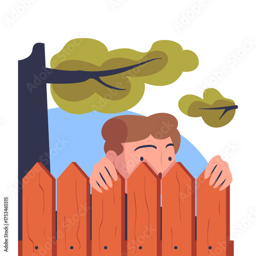 Man Character Spying, Observing and Sneaking Looking and Peeping Out Fence Vector Illustration