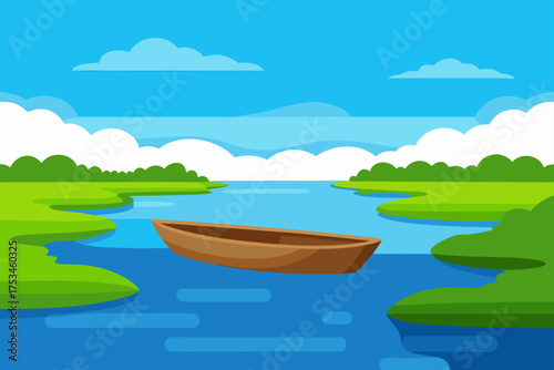 A boat on the river in the flat landscape