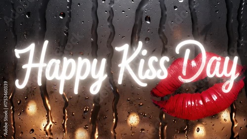 Happy Kiss Day text with red lips on a rainy window love romance