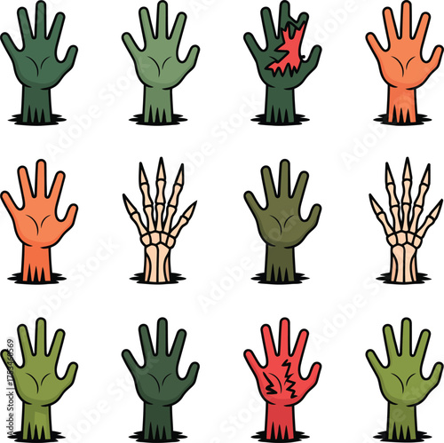 Colorful Cartoon Zombie Hands and Skeletons Icons 