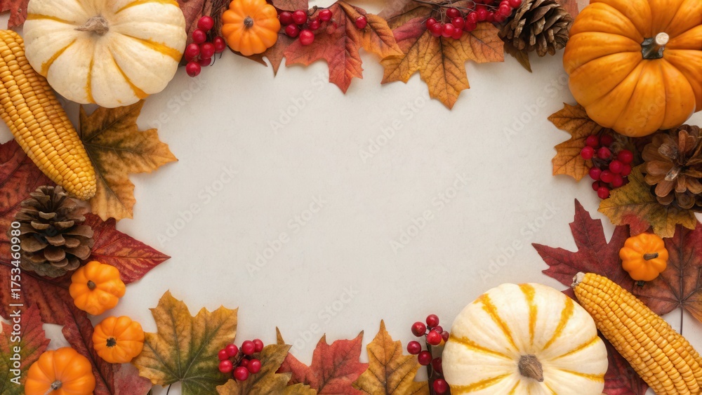 Fototapeta premium Thanksgiving Background. Autumn-themed arrangement featuring pumpkins, corn, pinecones, and colorful leaves, ideal for seasonal decor or greetings.