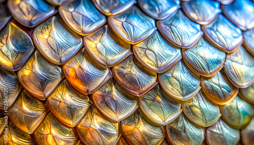 Realistic Metallic Dragon Scale Pattern with Iridescent Detail Texture