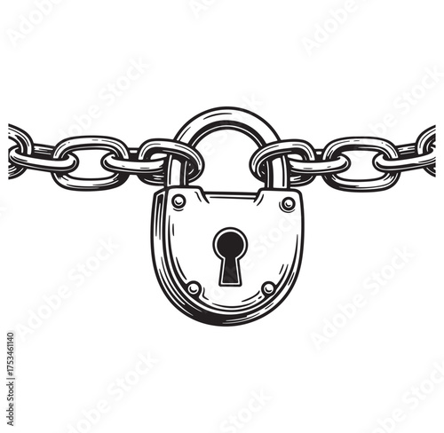 Vintage engraved padlock secured with chain against a white background illustrative vector