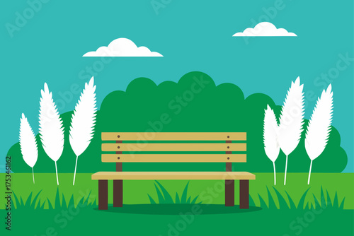 Bench in park with clouds and tall grass