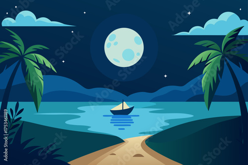 Tropical beach scene under the moonlight