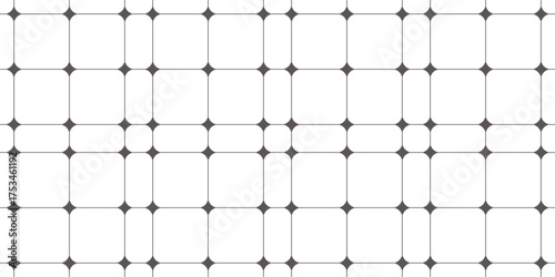 Minimal geometric grid pattern with rounded square intersections and fine black lines. Modern seamless background for textiles, wallpapers, and digital design. Elegant and simple abstract layout.