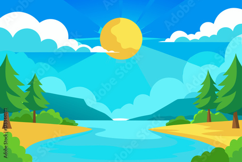 Scenic landscape with lake and sunny sky