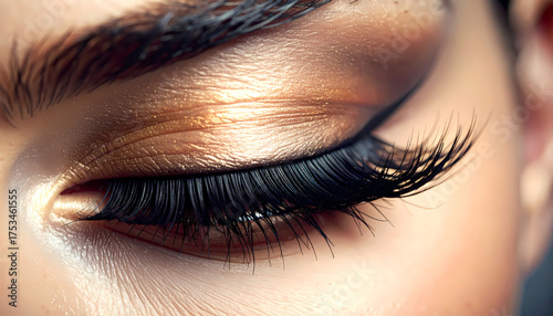 Detailed Close-up of a Glamorous Golden Eye with Long Lashes Makeup