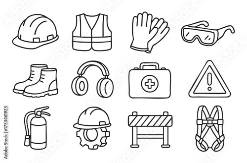 Construction Safety Icons. Outline icon set of home construction safety: helmet, gloves, safety harness, 