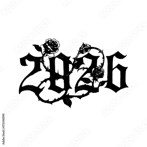2826 Gothic Rose Typography – Blackletter Digits Intertwined with Thorny Vines and Blooming Roses