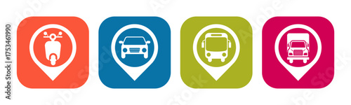 Transportation and Pin icon set illustration vector. Motorcycle, Car, Bus, Truck, with location sign and symbol.