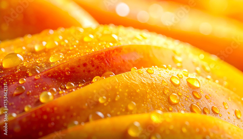 Macro Fresh Peach Surface with Water Droplet, Close-up Dewy Texture Detail