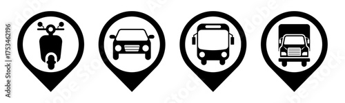 Transportation and Pin icon set illustration vector. Motorcycle, Car, Bus, Truck, with location sign and symbol.