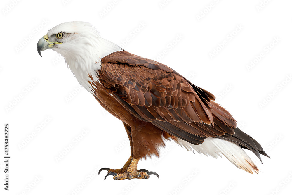Obraz premium Brahminy kite standing majestically on white isolated background.