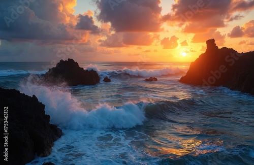Scenic sunset at ocean coast with dark rocks. Waves crash on rocky shore. Dramatic sky with clouds. Wonderful landscape with tranquil sea surf, horizon at golden light.