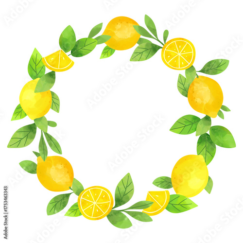 Watercolor lemon wreath. Citrus frame with yellow fruits and green leaves for summer invitations and design.