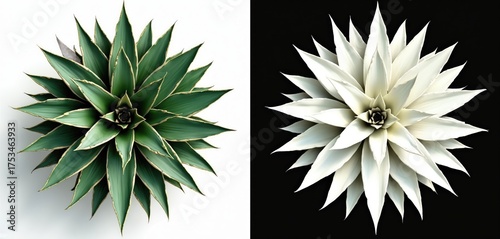 Top view of agave plant in two variants green and white. Nature concept. Botanical illustration of agave. Digital art. Modern home decor photo. Plant isolated on white and black background.