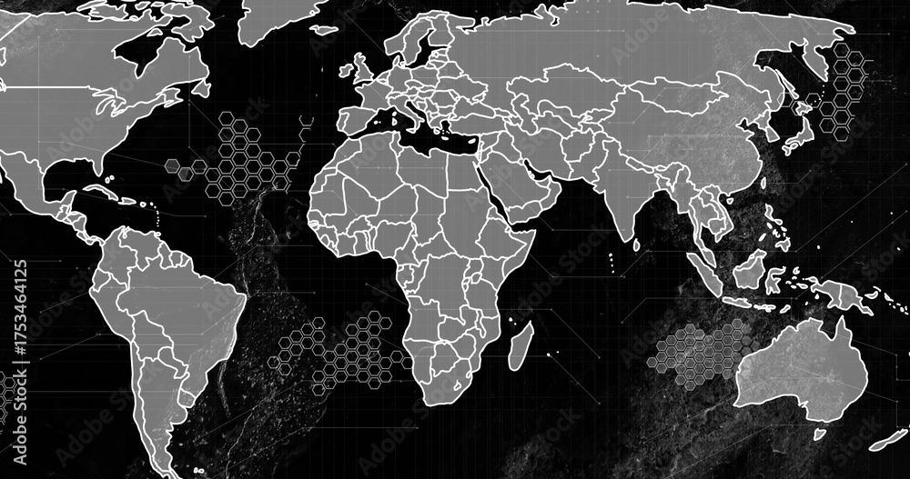 Fototapeta premium Projecting world map in digital display, showing continent outlines with hex grid, coordinate lines