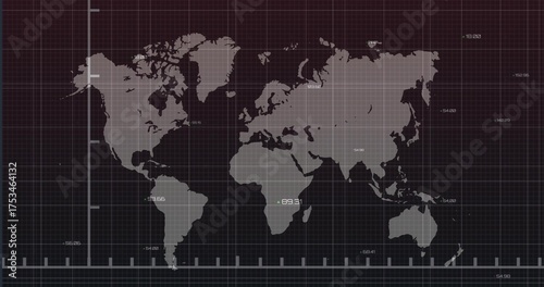Tableau sur toile Displaying world map silhouette over grid screen, with axis lines, tick marks an