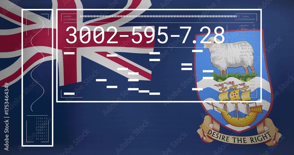 Naklejka premium Displaying panel with numeric code over Falklands flag showing Union Jack, sheep badge