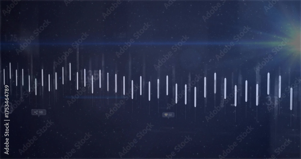 Obraz premium Displaying glowing waveform bars on blue interface, with labels 60 175 31, social icons, lens flare