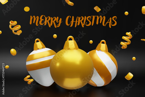 3D Elegant Christmas poster with golden baubles, white ornaments, and festive confetti on a black background. Luxury greeting cards, banners, invitations, posters, and seasonal marketing campaigns.