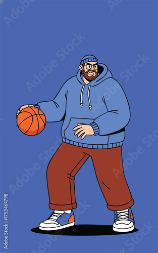 Cartoon Man in Blue Hoodie and Beanie Holding a Basketball