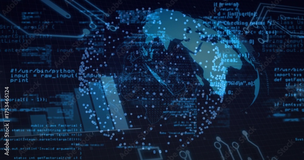 Fototapeta premium Rendering digital globe on dark grid mesh interface, with data nodes, Python and Java code snippets