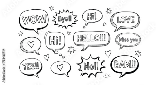 Speech Bubbles with Cartoon Style Hand Drawn Designs: WOW, Bye, Hi, Love, Hello, Miss you, Yes, No, Bam, Social Media, White Background