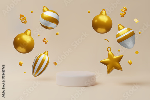 3D Christmas background with golden baubles, shiny star, and confetti around a white podium on beige background. Christmas and New Year promotions, product display, festive sale, greeting card design.