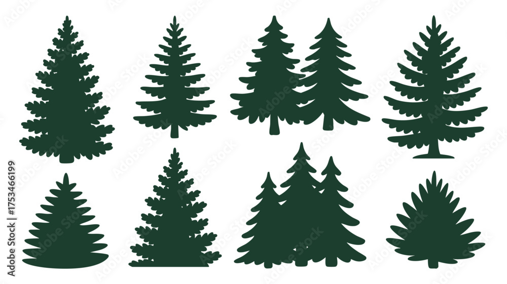 Obraz premium Collection of dark green evergreen tree silhouettes