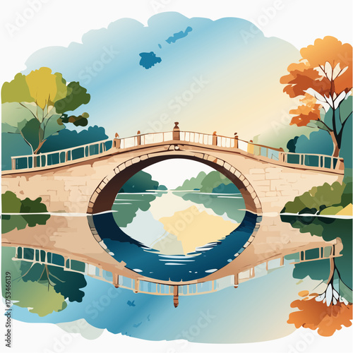 Alte Brücke über einen Fluss mit Spiegelung