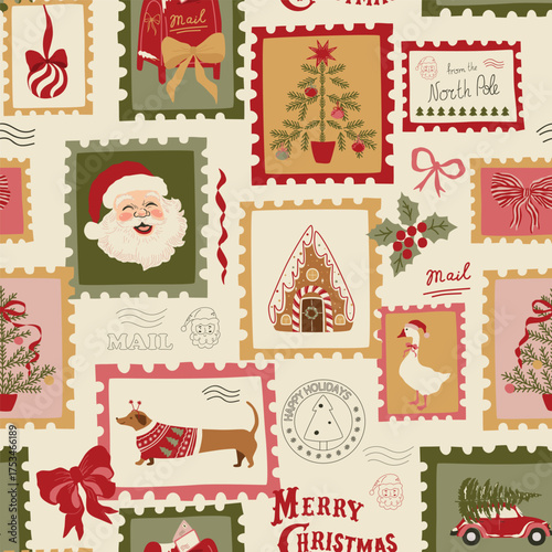 Vintage Christmas stamps, letters, mailbox, bows seamless pattern. Vector hand drawn retro winter holiday elements. Cozy Xmas wallpaper, wrap paper, textile design, repeat background. New Year print.