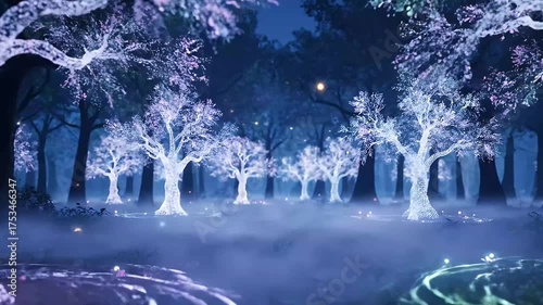 Enchanted glowing forest with luminous trees and moonlit mist fantasy magical