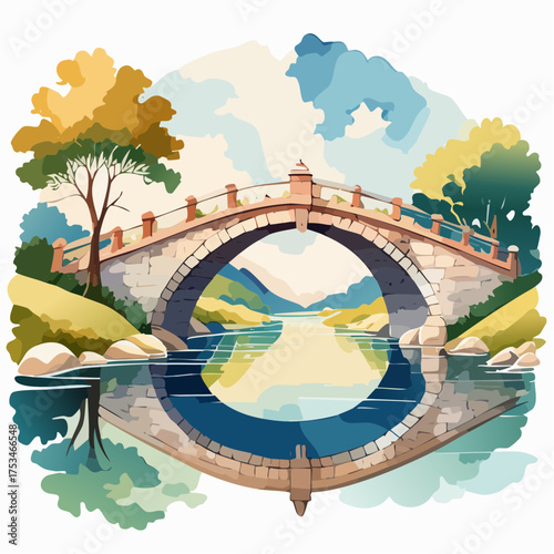 Alte Brücke über einen Fluss mit Spiegelung