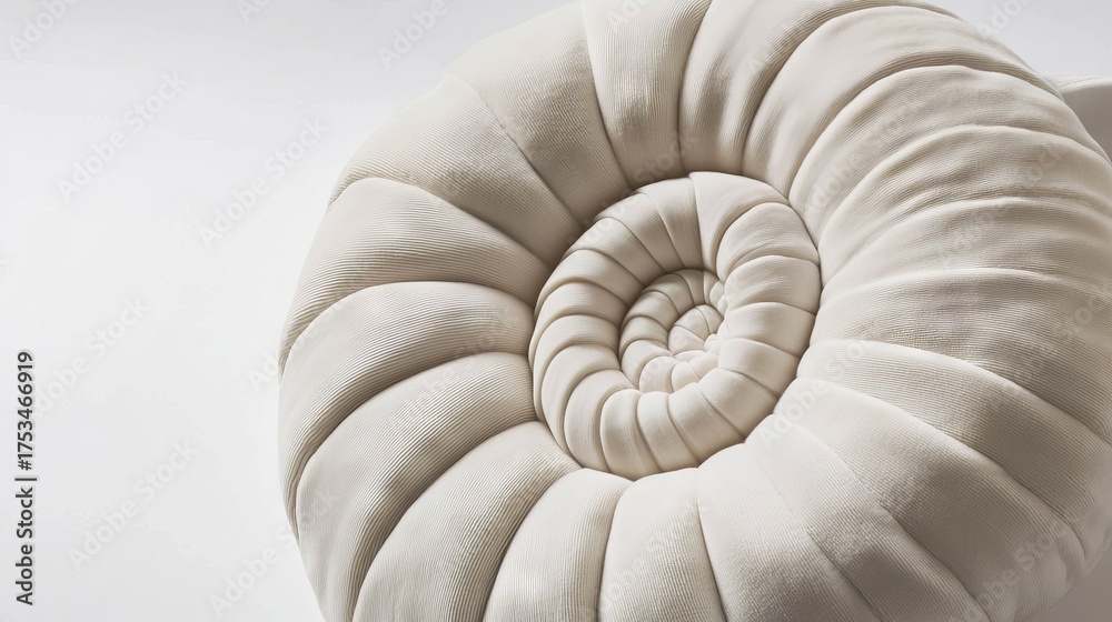 Obraz premium Macro close up of a plush seashell spiral pillow featuring fine stitching and a velvet ridge set against a neutral white backdrop in high detail