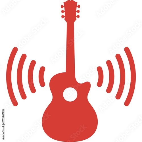 Acoustic Guitar Sound Waves Icon in Red music audio instrument musical symbol frequency vibration