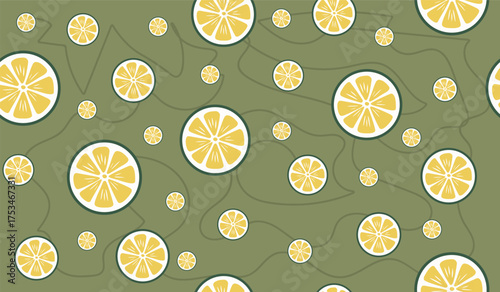 Seamless Summer Pattern with Lemons and Decorative Elements on an Olive Green Background. Vector Design.