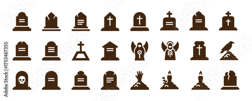 Gravestone, a set of grave icons. Collection of tombstone symbols. Vector icons